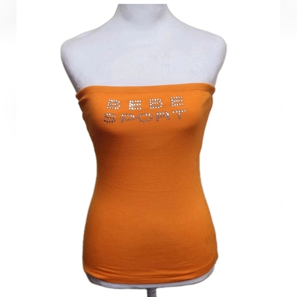 bebe Tops - 💐Vtg Y2K Bebe Sport Tube Top L Orange Ribbed Rhinestone Bling USA Deadstock